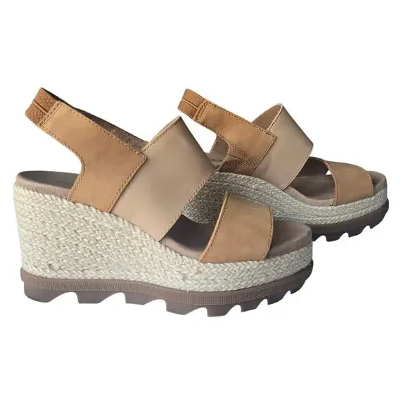 Sorel Joanie II Slingback Wedge Camel Leather Tan Strappy Platform Sandal US 6.5 - Picture 1 of 9